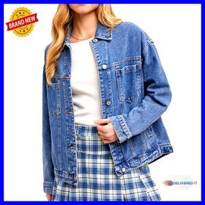 Classic Denim Jacket Distressed Long Sleeve Button Down Women's Outerwear